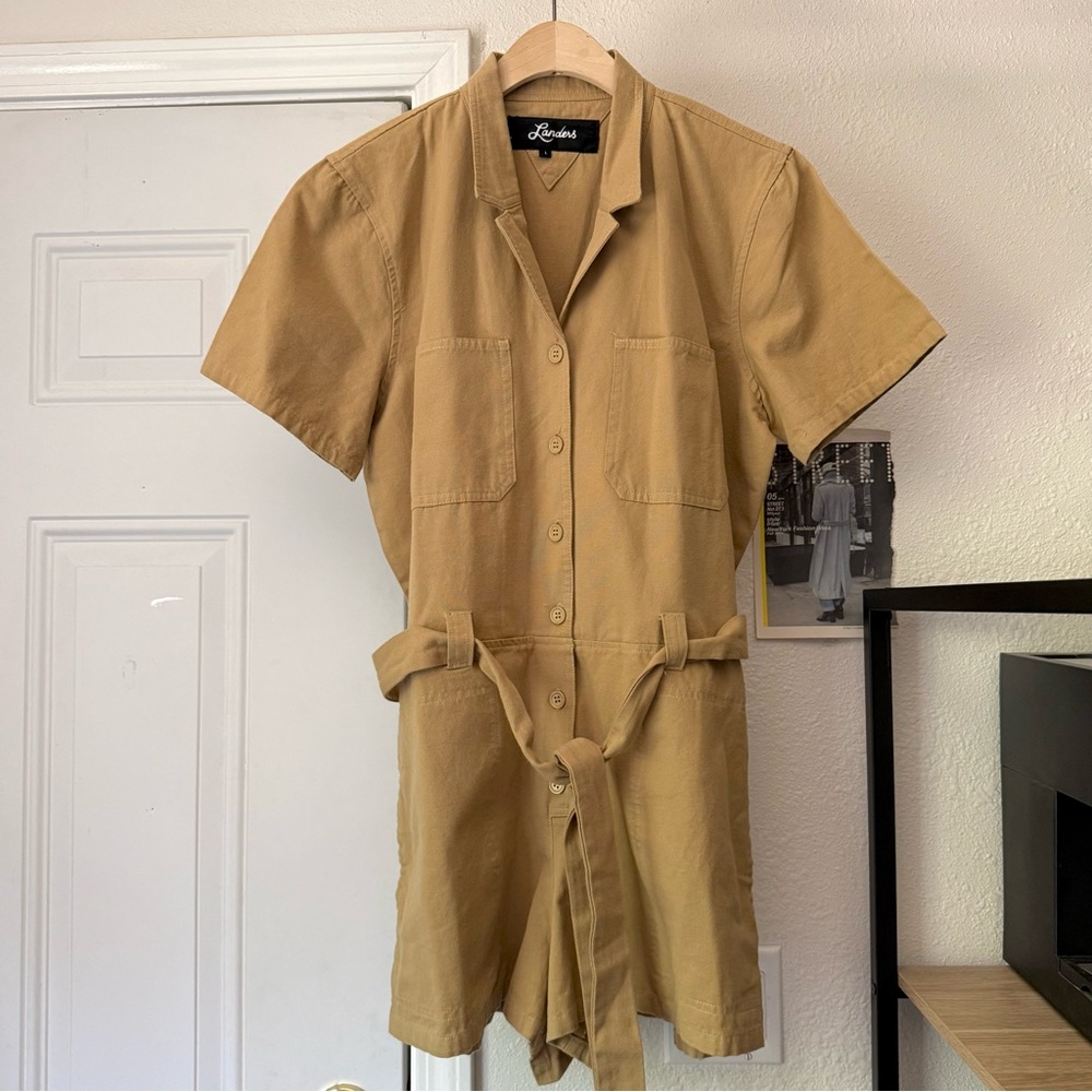 LANDERS tan khaki mustard utility belted‎ button up short sleeve romper